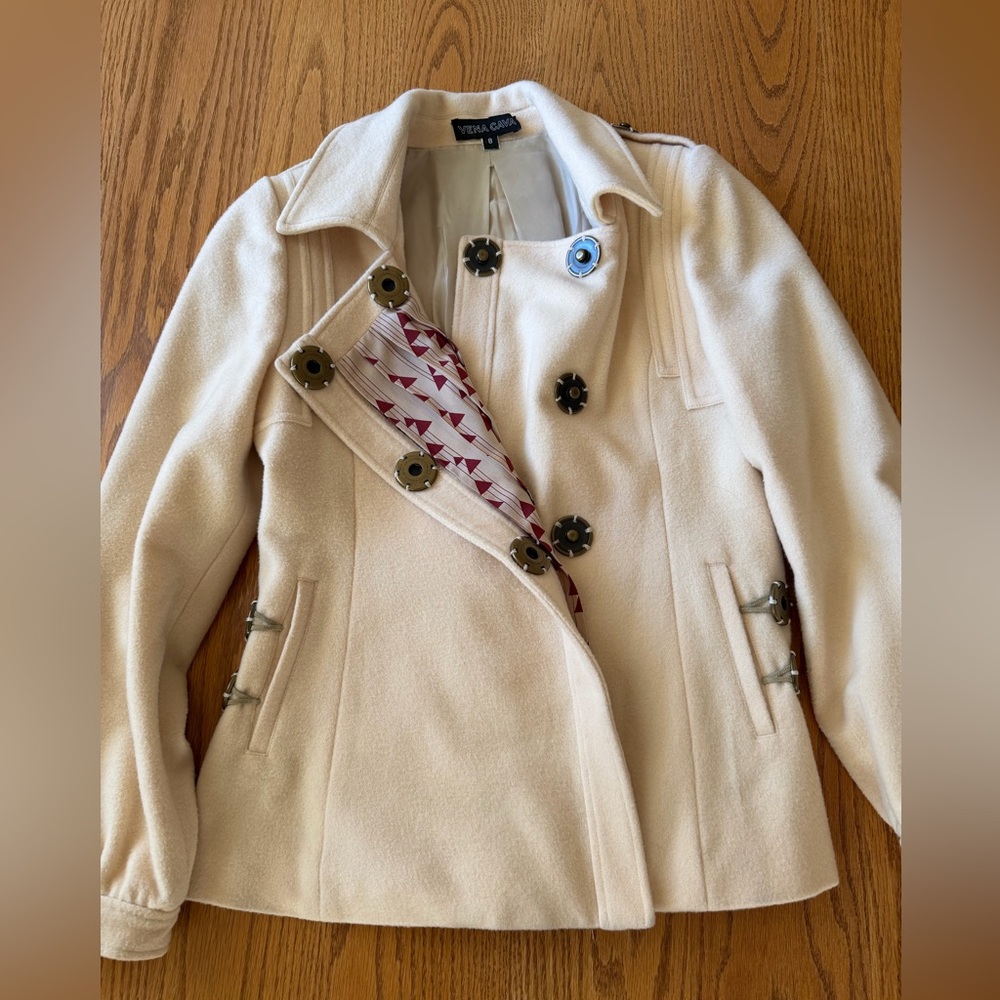 Vena Cava Cream Pea Coat with Unique Button Design and Printed Lining